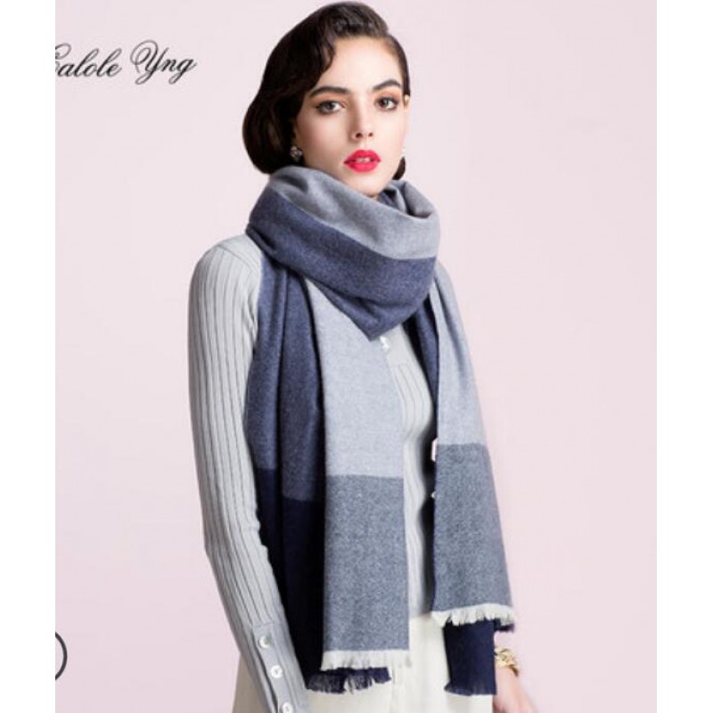 Pure Cashmere Scarf Women Blue Gray Big Plaid Fashional Winter Warm Scarf